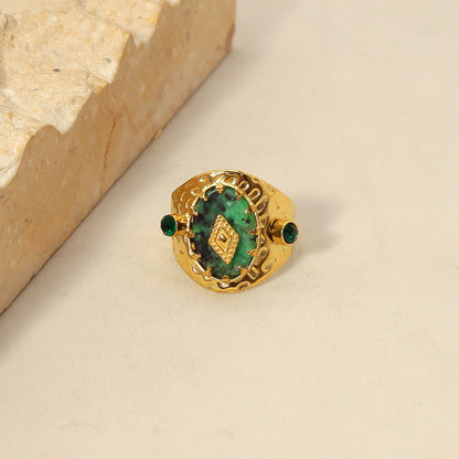 Trendy Women’s Wide Stainless Steel Stone Ring – Bohemian Vintage Style