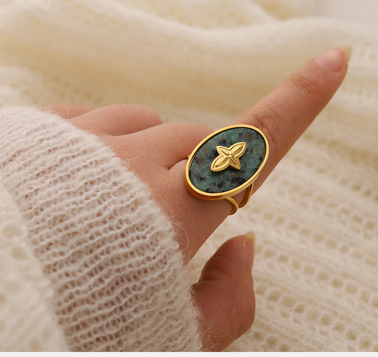 Trendy Women’s Wide Stainless Steel Stone Ring – Bohemian Vintage Style