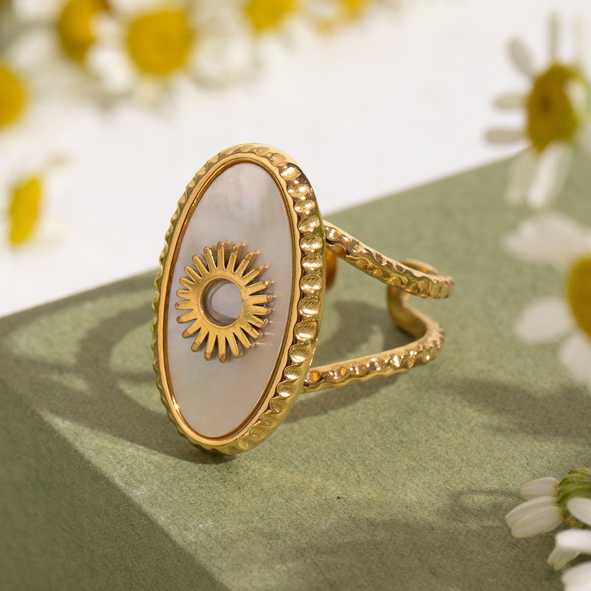 Trendy Women’s Wide Stainless Steel Stone Ring – Bohemian Vintage Style