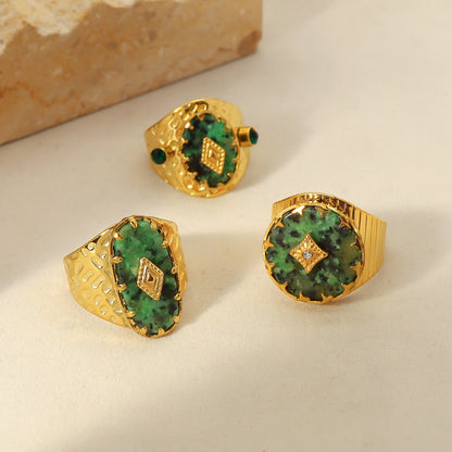 Trendy Women’s Wide Stainless Steel Stone Ring – Bohemian Vintage Style