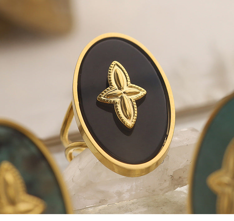 Trendy Women’s Wide Stainless Steel Stone Ring – Bohemian Vintage Style