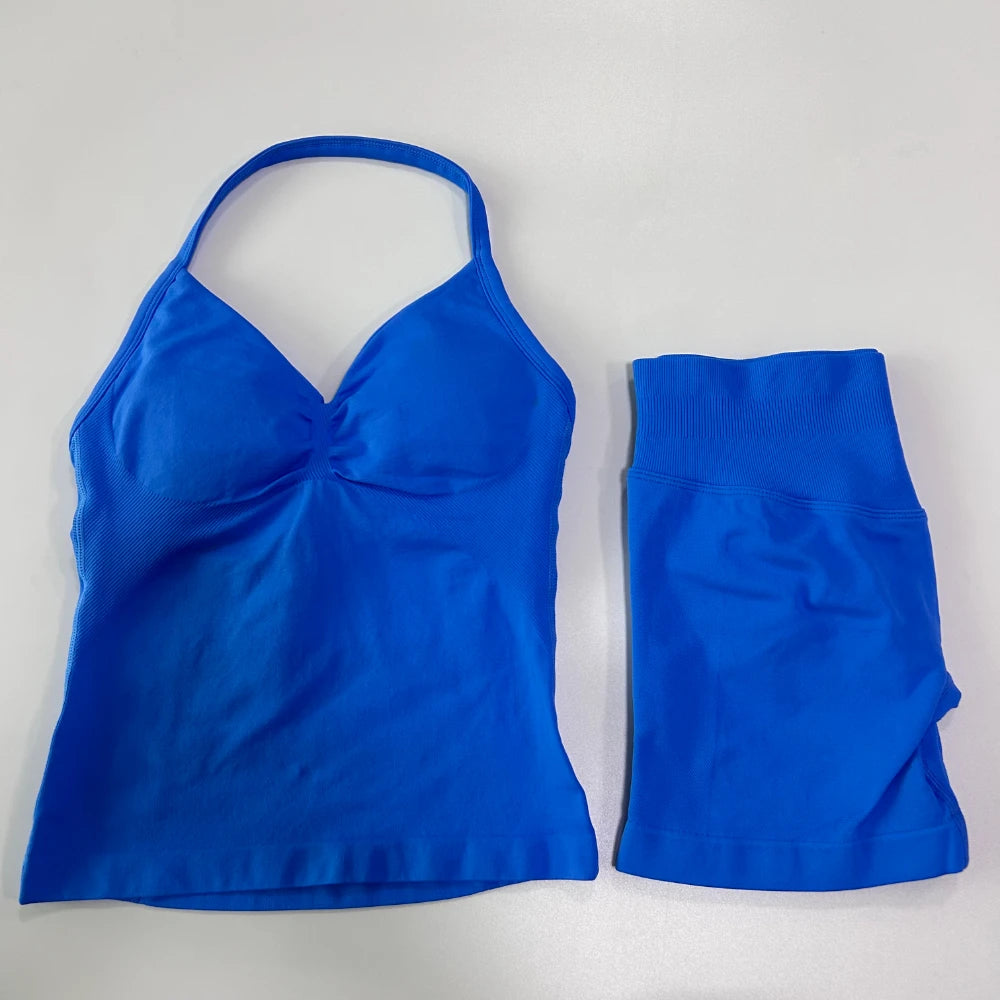 No Logo 2Pcs Gym Set Women Backless Tank Tops High Waist Scrunch Seamless Shorts Gym Suit Fitness Clothes Activewear Workout Set