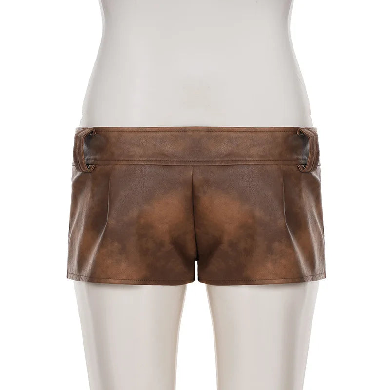 Street Style Spice Girls Fashion New Sexy Brown Pu Leather Super Shorts Women Low Waist Tight Hip Wrap Hot Pants