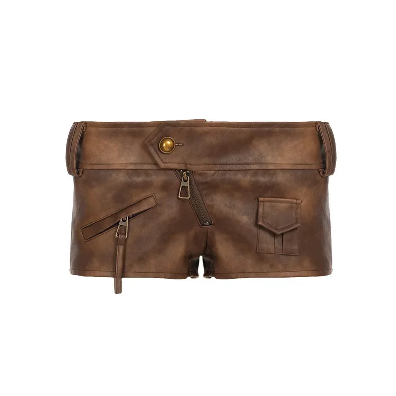 Street Style Spice Girls Fashion New Sexy Brown Pu Leather Super Shorts Women Low Waist Tight Hip Wrap Hot Pants