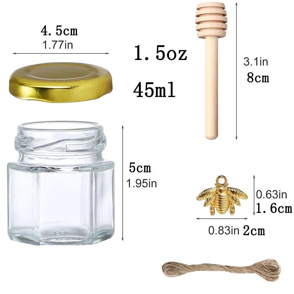 Hexagon Mini Honey Jars – Glass Jars with Dipper & Gold Lid
