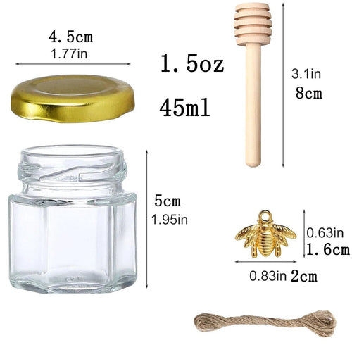 1.5 oz Hexagon Mini Glass Honey Jars Honey Jars with Wood Dipper, Gold Lid, Bee Pendants, Jutes - for Baby Shower, Wedding
