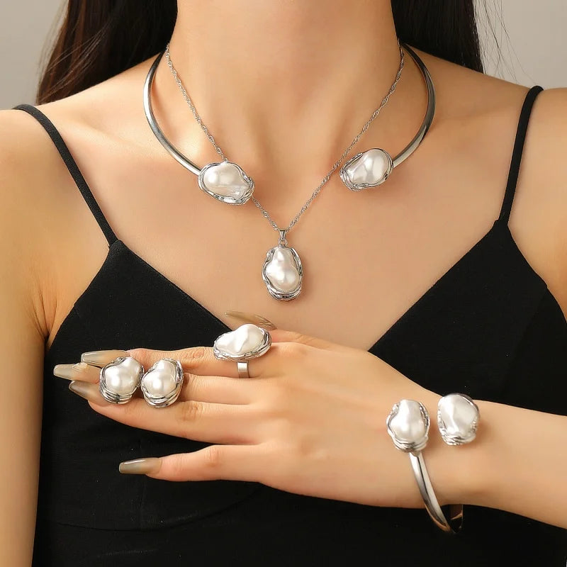 Trendy Baroque Pearl Necklace, Bracelet & Ring Set – Wedding & Party Jewellery for Women