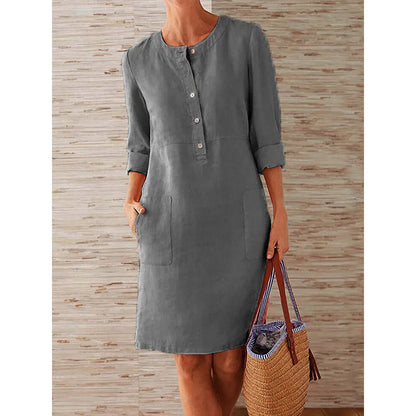 Women’s Cotton Linen Tunic Dress – Long Sleeve Knee-Length