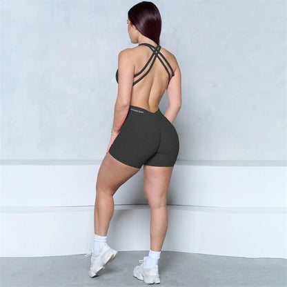 Women’s V-Back Scrunch Butt Romper – One-Piece Yoga & Gym Jumpsuit