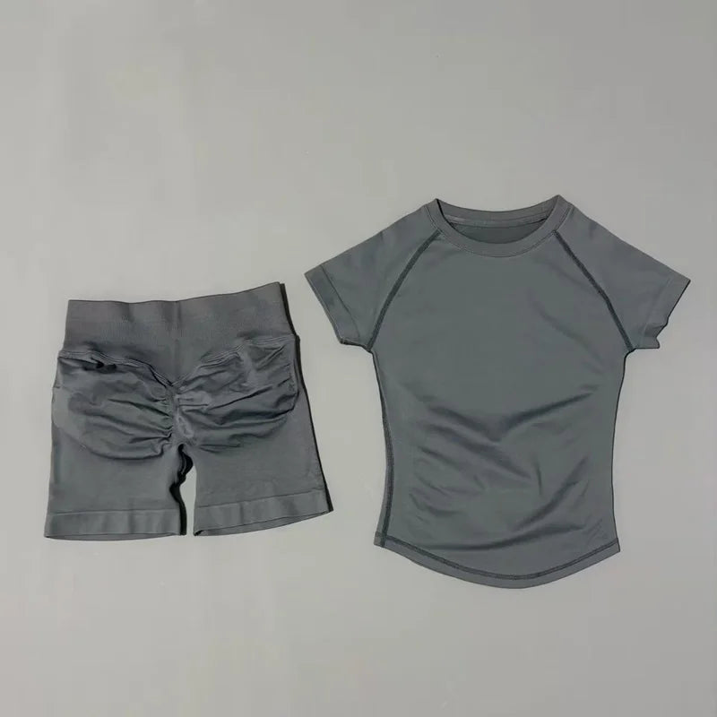 2 Piece Impact Sports Set Women Gym Yoga Set Seamless Fitness Gym Clothes Sportswear Short Sleeve Top Sports Short Leggings Suit
