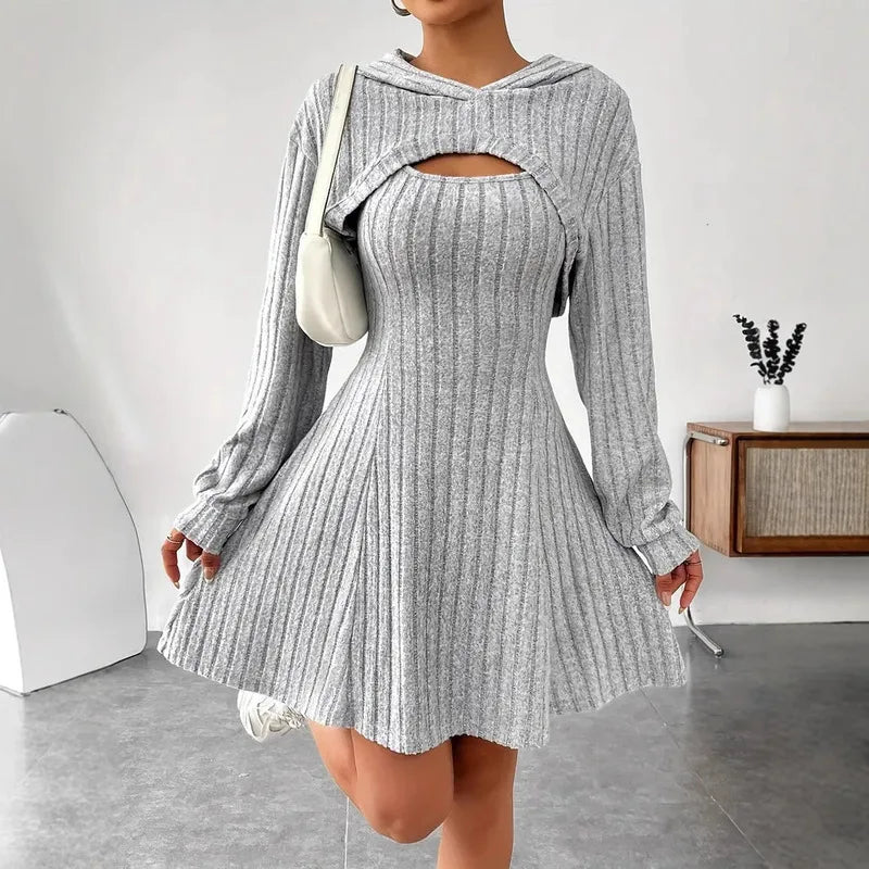 Women's Two-Piece Autumn Outfit – Long Sleeve Hooded Top & Sleeveless A-Line Dress