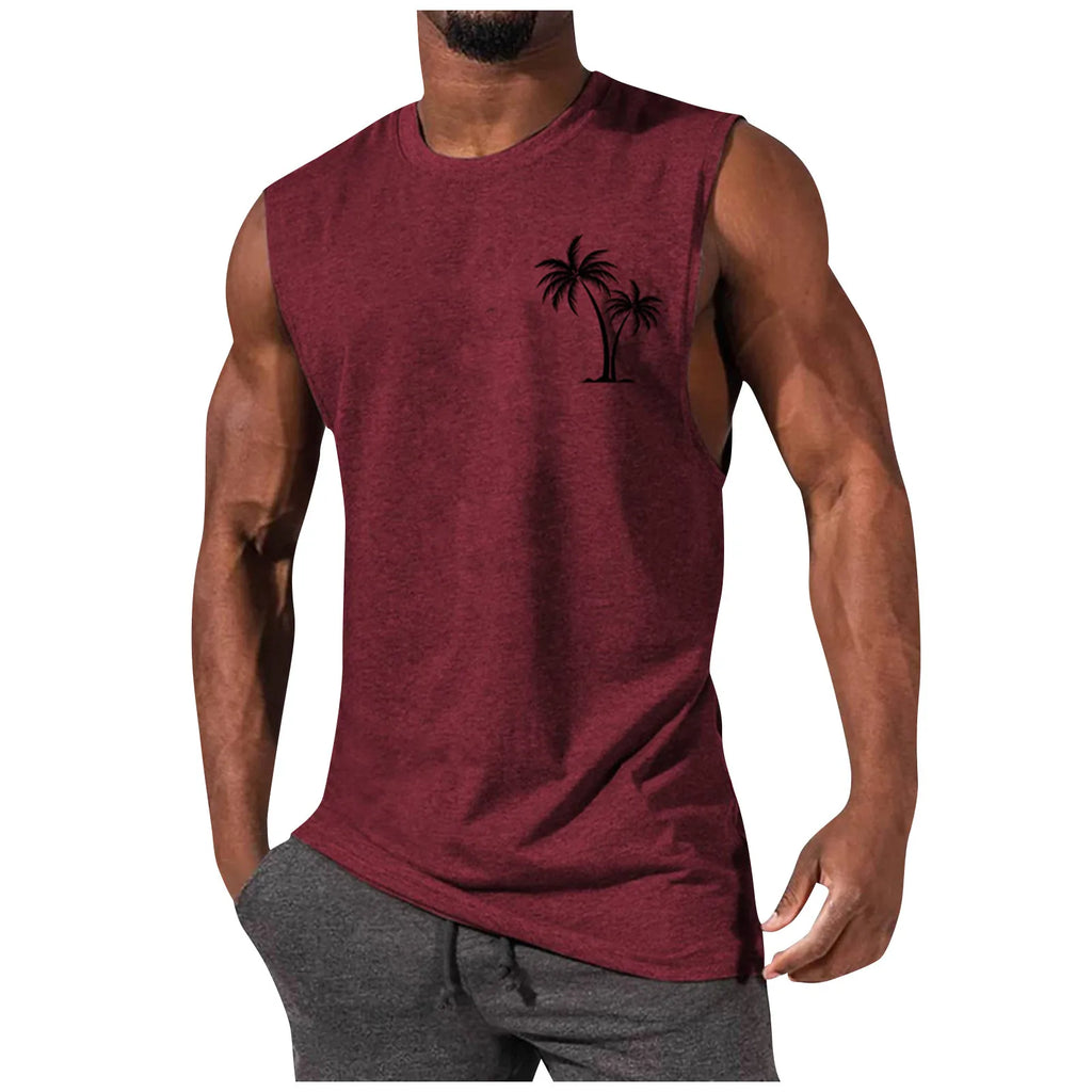 2025 Men'S Muscle Fitness Shirt Sports T-Shirt Gym Training Shirt Summer Casual Vest Tree Print Sleeveless Round Neck