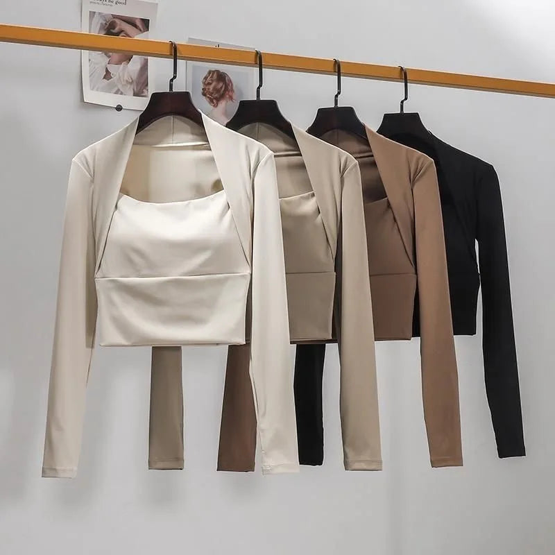 Fitness Chest Cushion Sports Top Women Long Sleeve Shirts Pra Speed Up Short Elegant Dance Yoga Clothes Small Waistband Gym