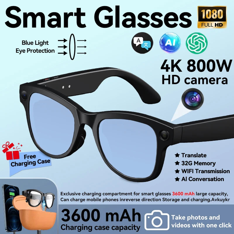 2026 New 800W 4K HD AI Smart Glasses Men Record Video 3600mAh Battery 120 Languages Translation Music Player Glasses With Camera