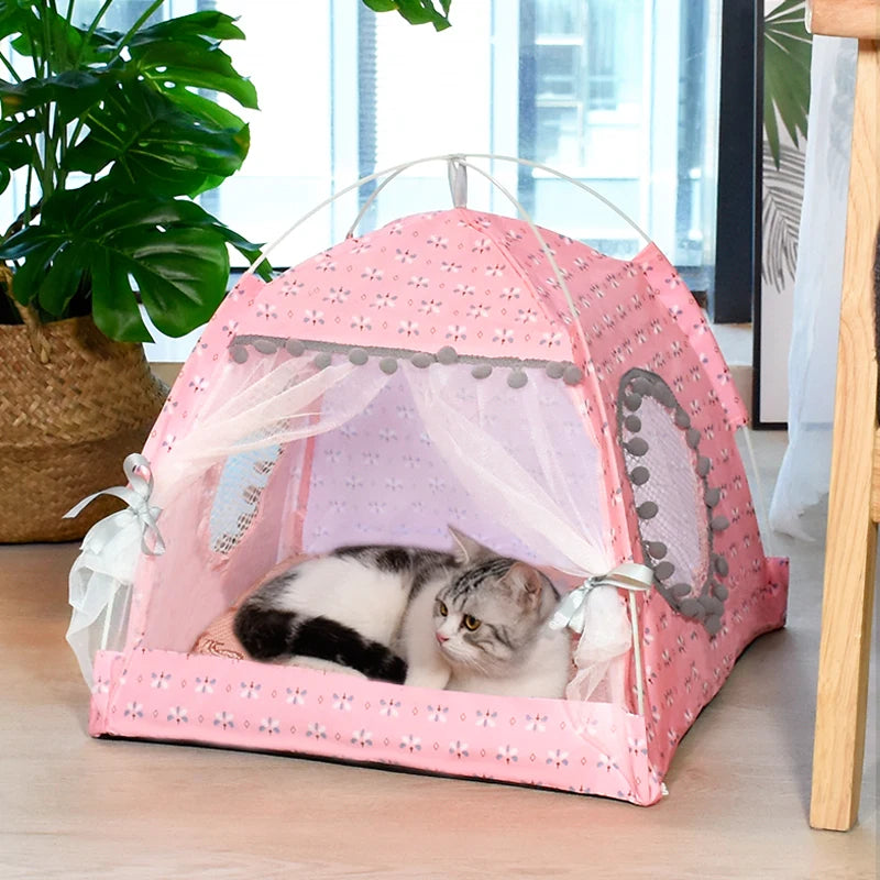 Semi Enclosed Cat Tent Bed Floral Pet Nest for Cats & Small Dogs Cozy All Season Pet House Breathable Summer Cat Bed