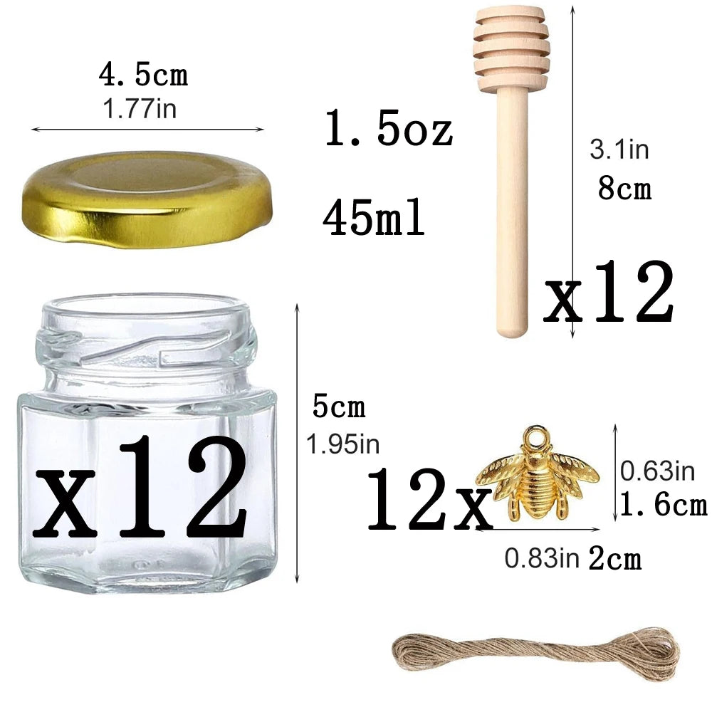 Hexagon Mini Honey Jars – Glass Jars with Dipper & Gold Lid