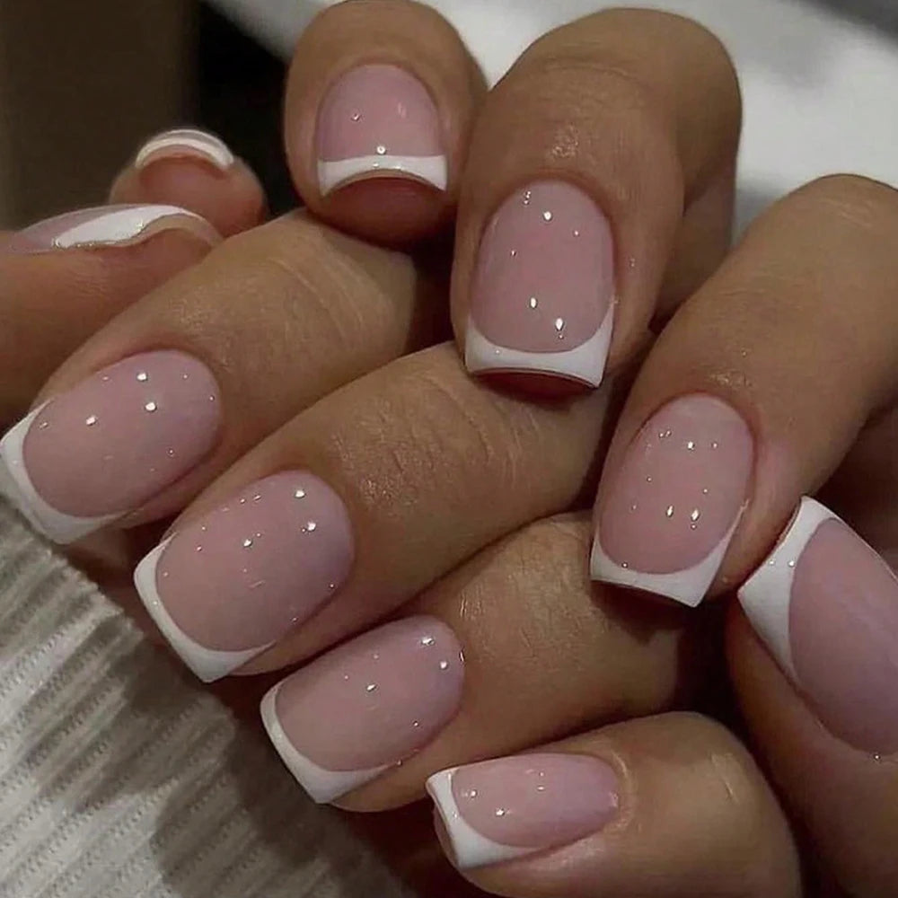 French Tip Press On Nails Set – Natural Nude Glossy Short False Nails for Easy Manicure (24 Pieces)