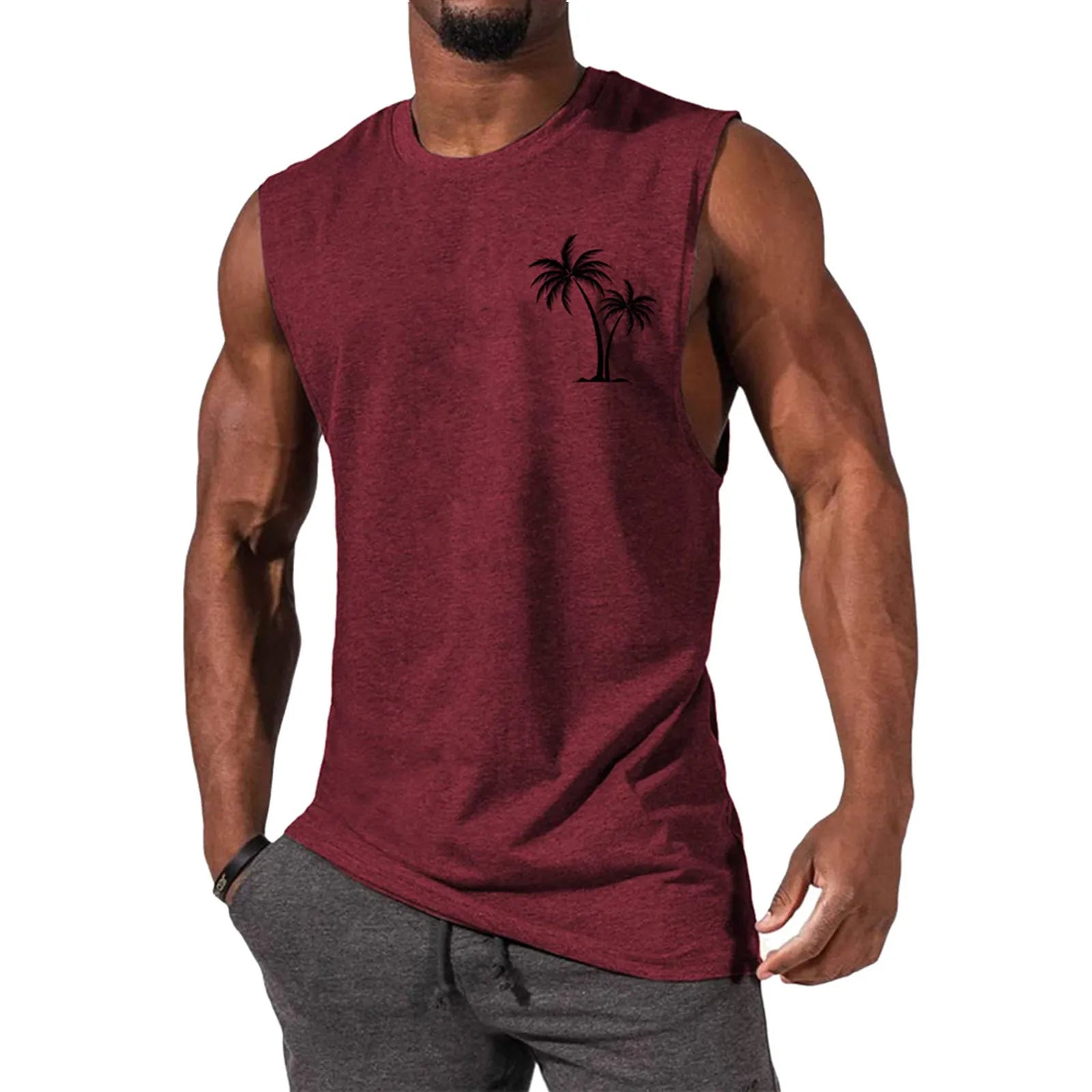 2025 Men'S Muscle Fitness Shirt Sports T-Shirt Gym Training Shirt Summer Casual Vest Tree Print Sleeveless Round Neck