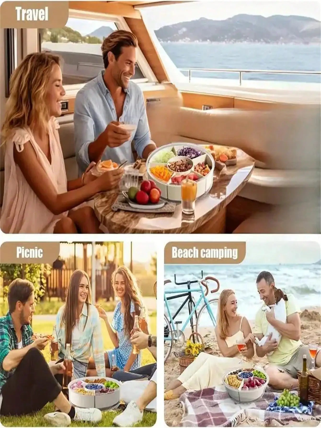 Portable Rotating Snack Tray with Lid – Divided Fruit & Snack Organizer