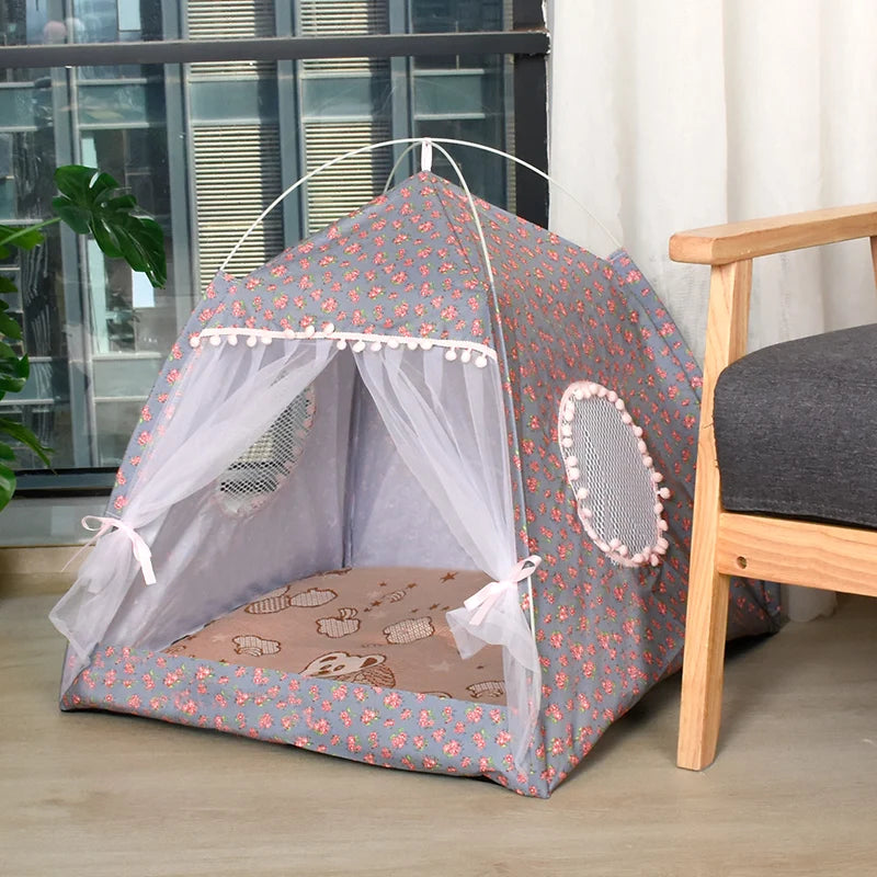Semi Enclosed Cat Tent Bed Floral Pet Nest for Cats & Small Dogs Cozy All Season Pet House Breathable Summer Cat Bed