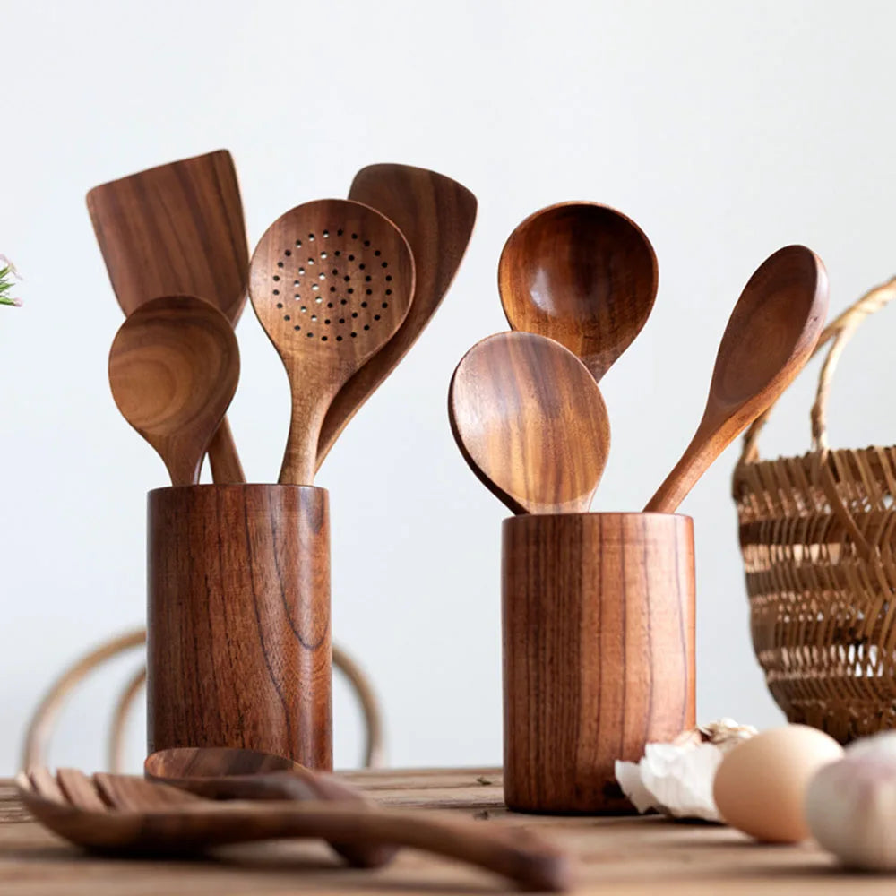 Wooden Kitchenware Cooking Shovels Spoon Colander Kitchen Utensils Set Household Cutlery Rack Teak Natural Wood Cookware