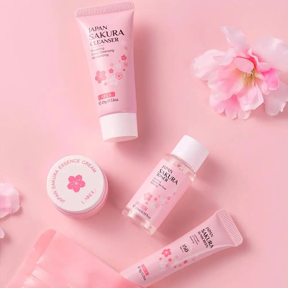 Cherry Blossom Travel Skin Care Set – Cleanser, Serum, Eye & Face Cream, Sunscreen