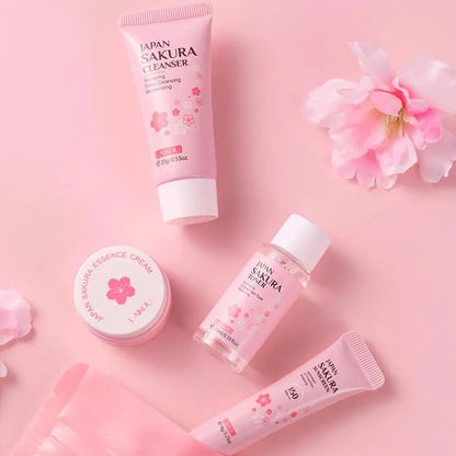 Cherry Blossom Travel Skin Care Set – Cleanser, Serum, Eye & Face Cream, Sunscreen