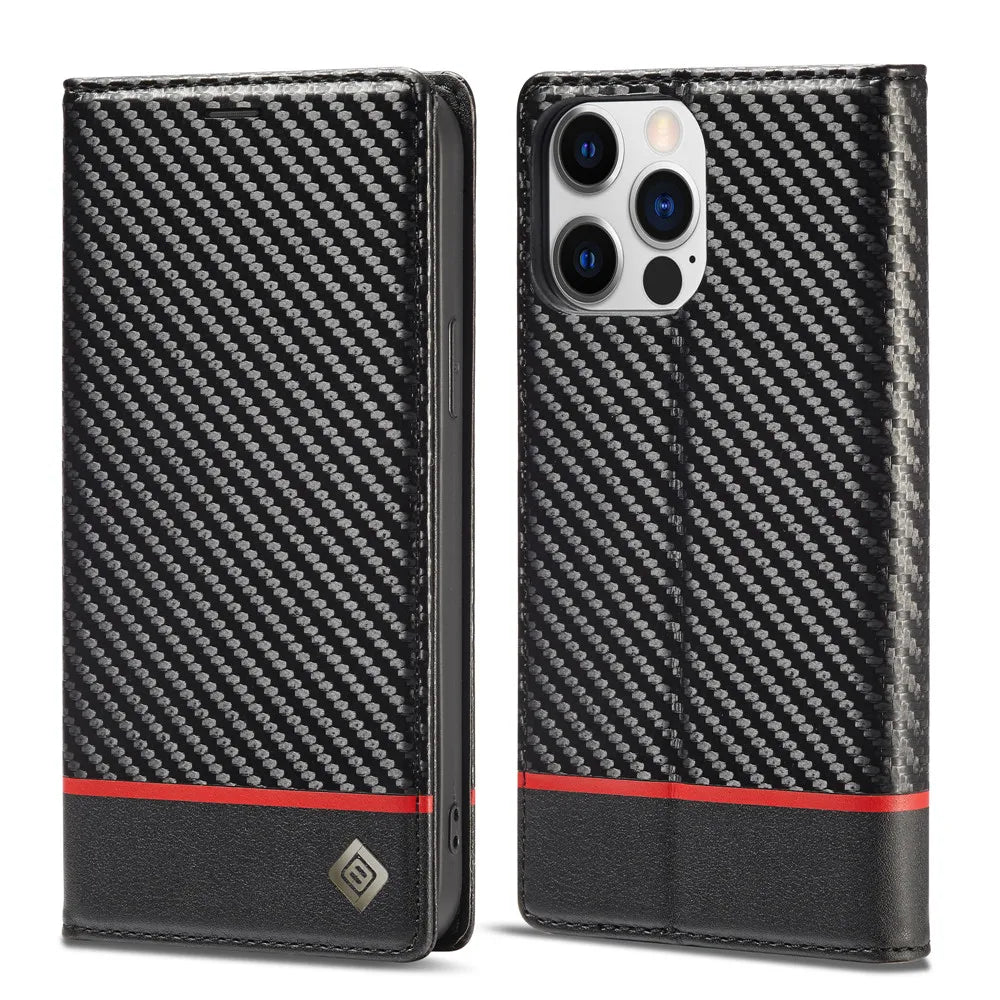 Carbon Fibre PU Leather Wallet Flip Case for iPhone with Card Slot & Magnetic Cover