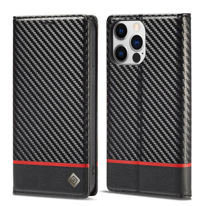 Carbon Fibre PU Leather Wallet Flip Case for iPhone with Card Slot & Magnetic Cover
