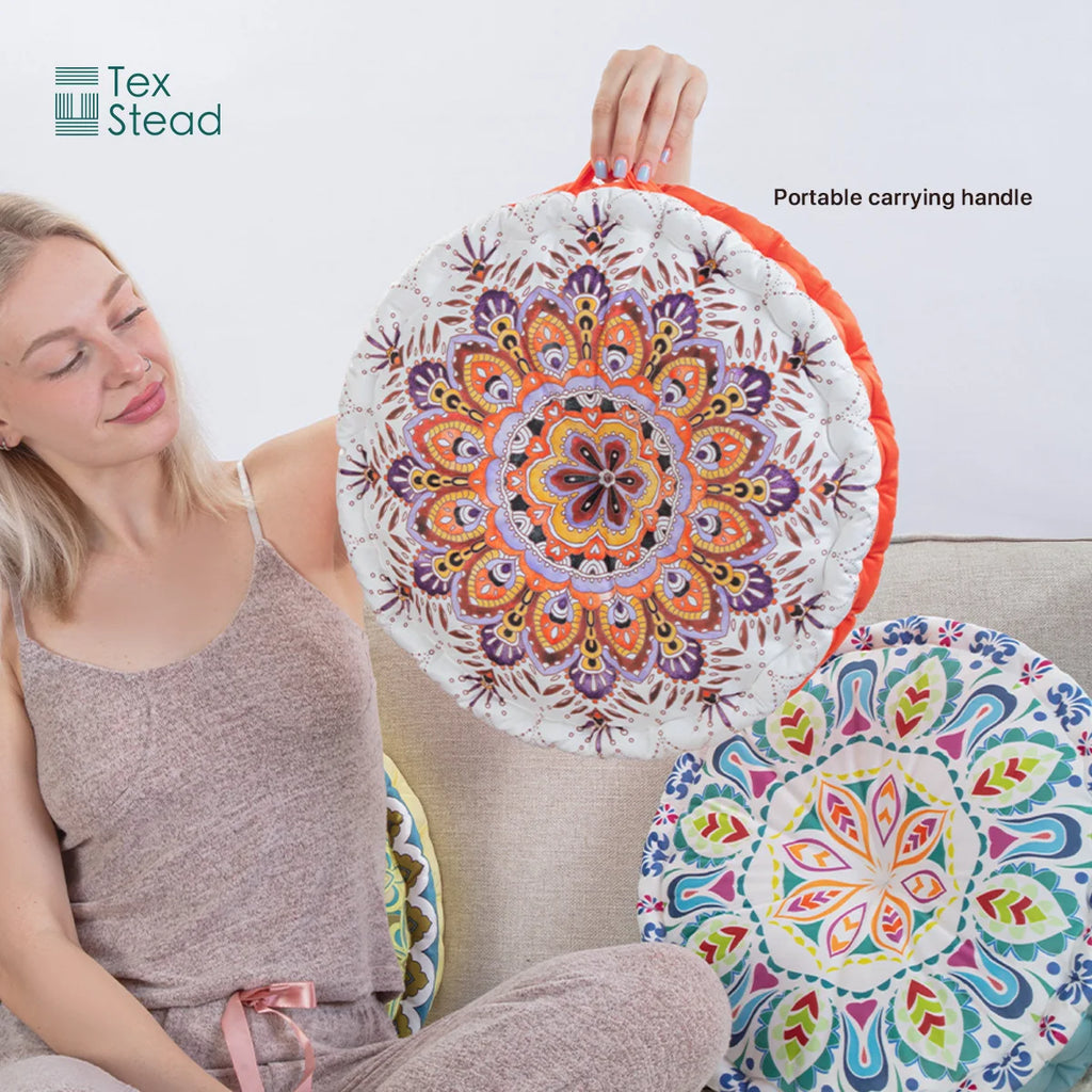 Bohemian Round Floor Cushion, Mandala Print Thickened Seat Pillow with Handle, Short Plush Soft Meditation Cushion for Yoga Livi