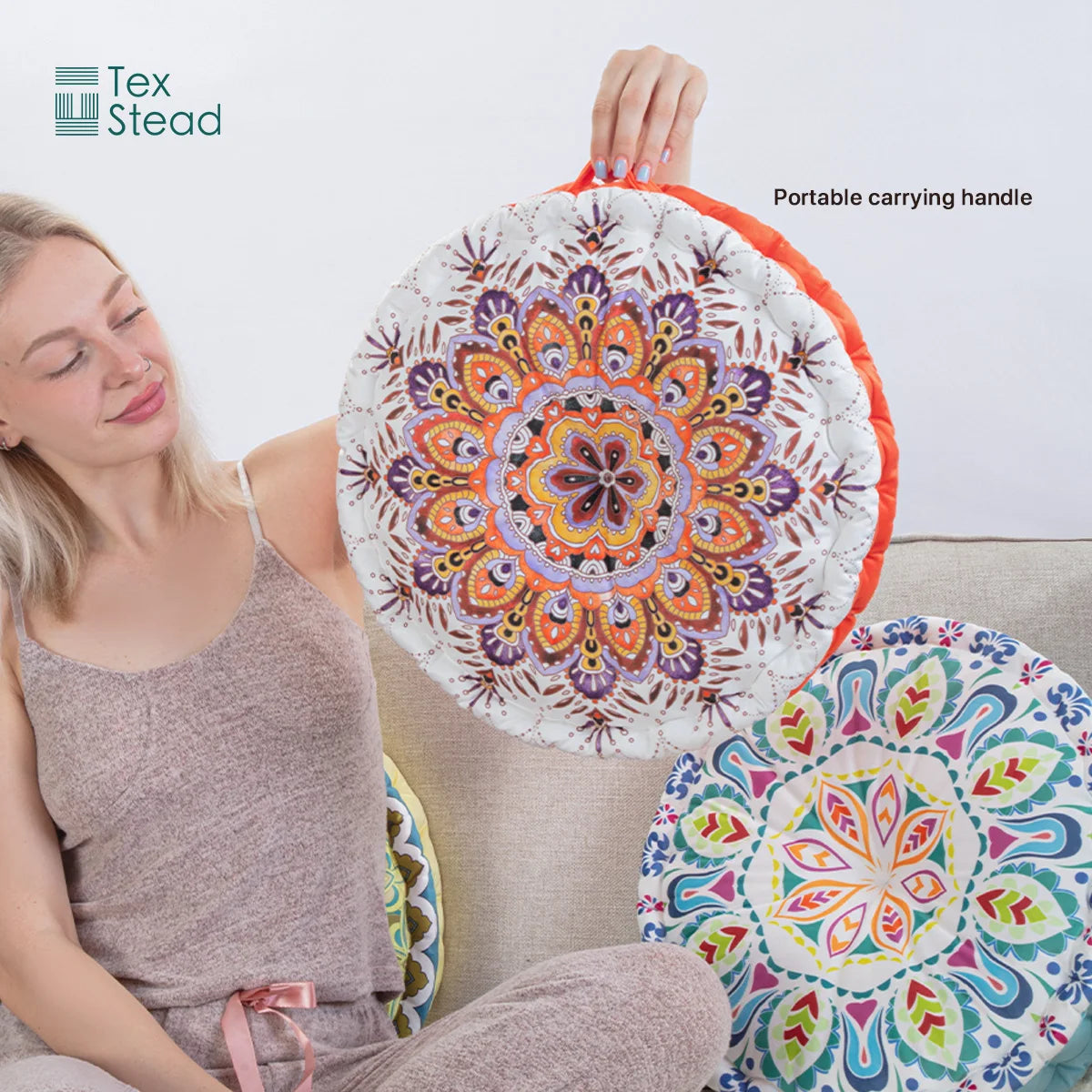 Bohemian Round Floor Cushion, Mandala Print Thickened Seat Pillow with Handle, Short Plush Soft Meditation Cushion for Yoga Livi