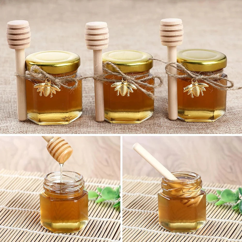 Hexagon Mini Honey Jars – Glass Jars with Dipper & Gold Lid