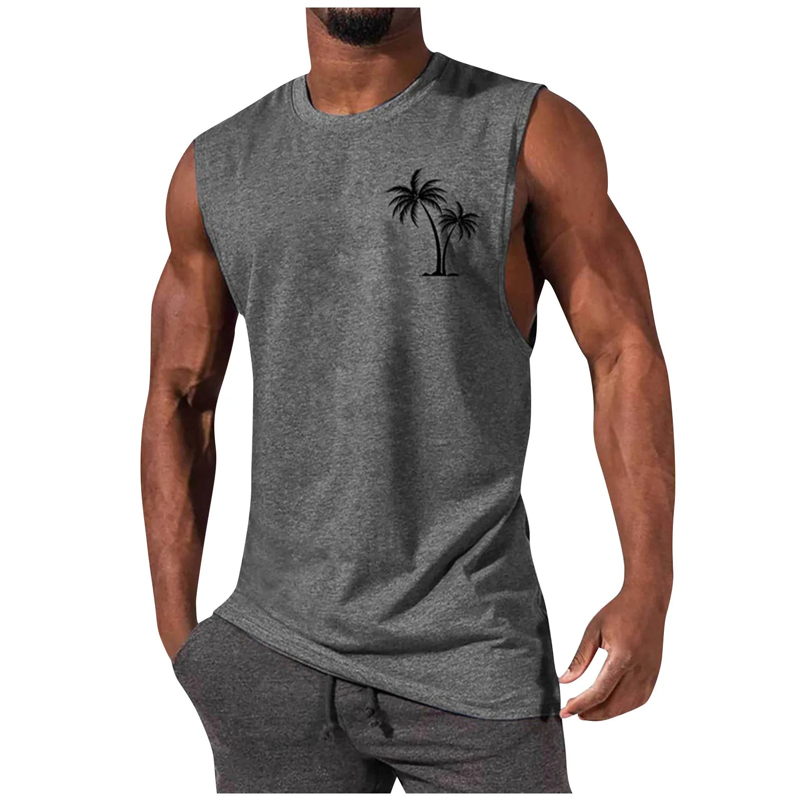 2025 Men'S Muscle Fitness Shirt Sports T-Shirt Gym Training Shirt Summer Casual Vest Tree Print Sleeveless Round Neck