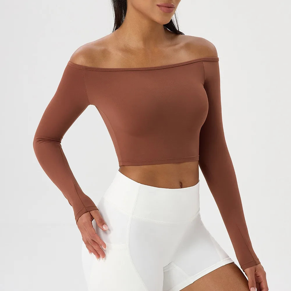 Women Sexy Off Shoulder Yoga Top Long Sleeve Gym Running Top Solid Quick-Dry Sport Workout Shirt