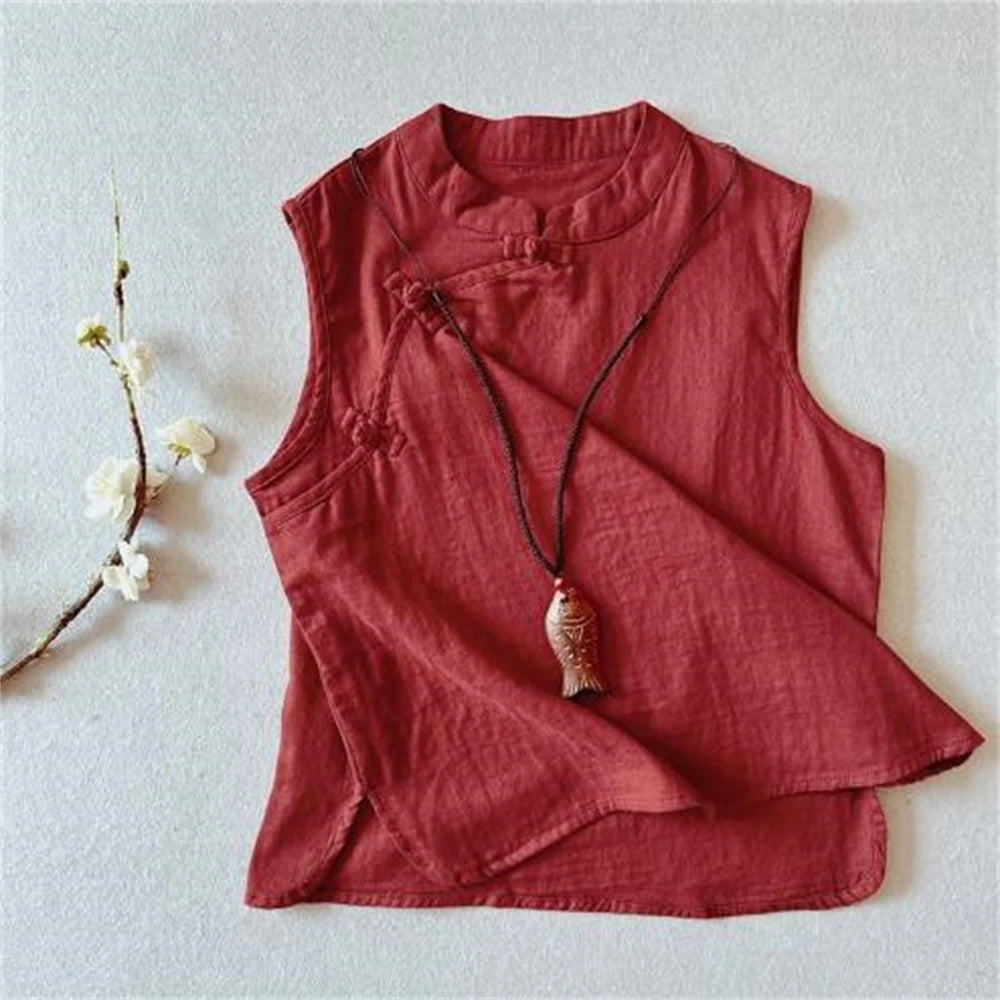 Women’s Sleeveless Hanfu Vest – Linen Cotton Tang-Style Cardigan