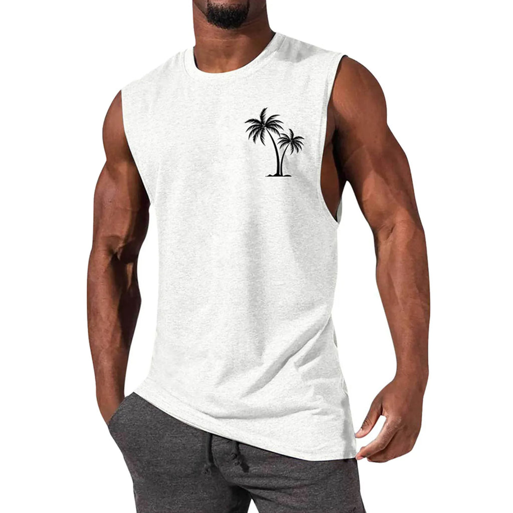 2025 Men'S Muscle Fitness Shirt Sports T-Shirt Gym Training Shirt Summer Casual Vest Tree Print Sleeveless Round Neck