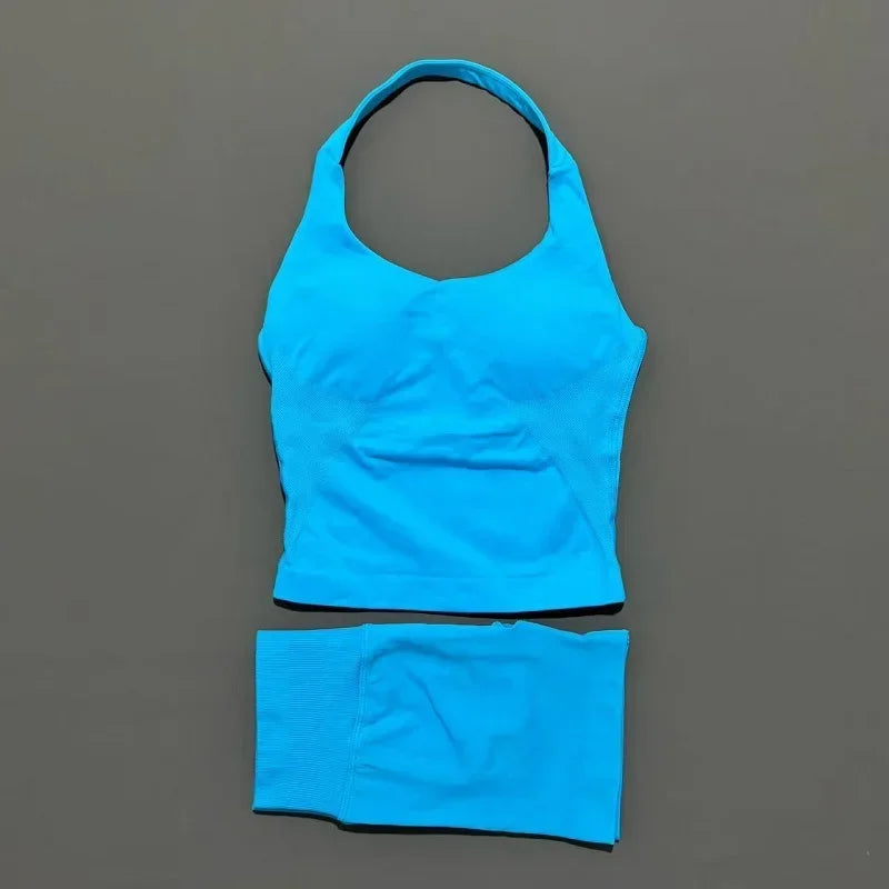 2 Pcs HISTELLO Halter Top Strappy Bra Shorts Set Women Yoga Workout Clothes Seamless Vest Hip-Lifting Sports Leggings Gym Suit