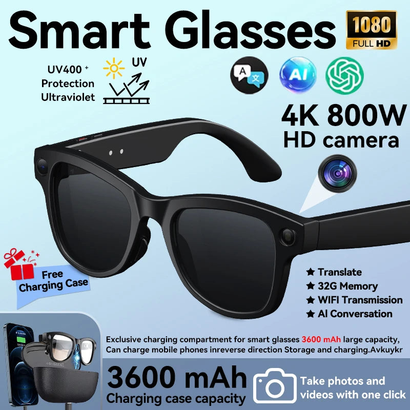 2026 New 800W 4K HD AI Smart Glasses Men Record Video 3600mAh Battery 120 Languages Translation Music Player Glasses With Camera