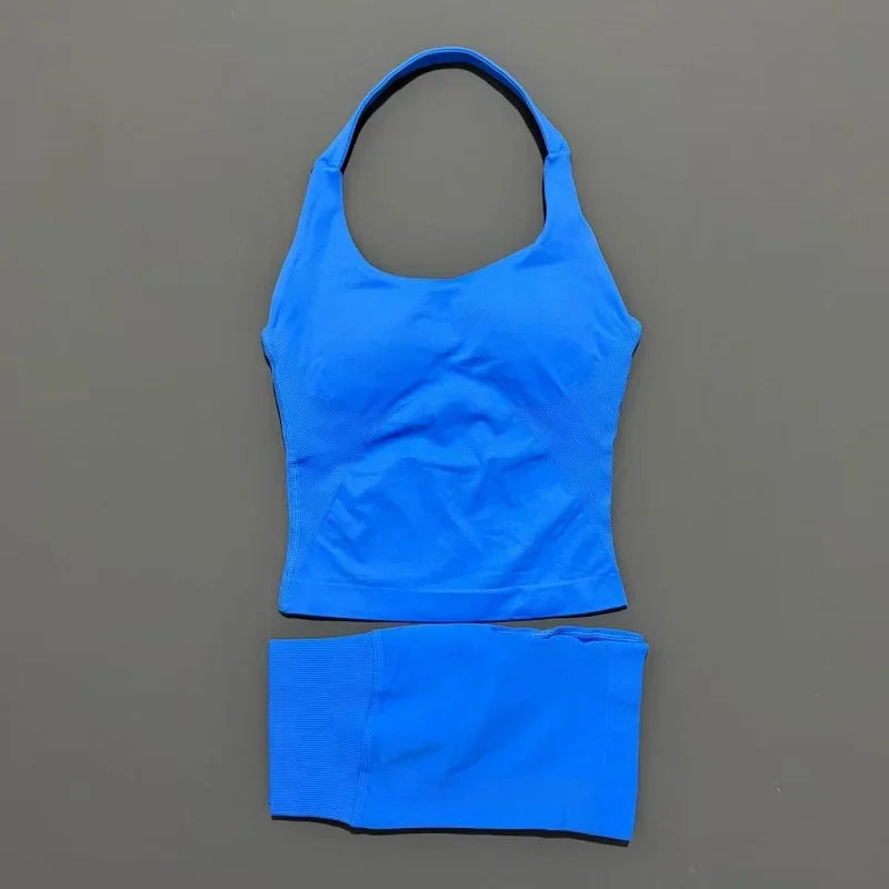 2 Pieces Impact Halter Top Strappy Bra Shorts Set Women Seamless Yoga Gym Leggings Set Running Fitness Sports Shorts Suit