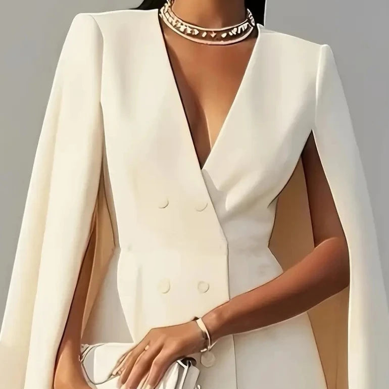 Elegant Autumn Women’s Double-Breasted Blazer Dress – A-Line Shawl Cape for Office & Commuting