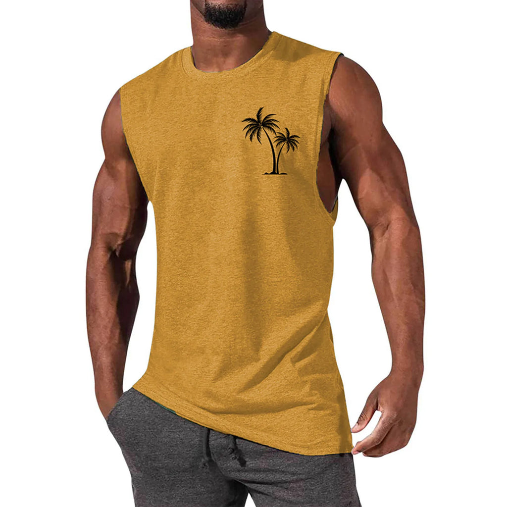 2025 Men'S Muscle Fitness Shirt Sports T-Shirt Gym Training Shirt Summer Casual Vest Tree Print Sleeveless Round Neck
