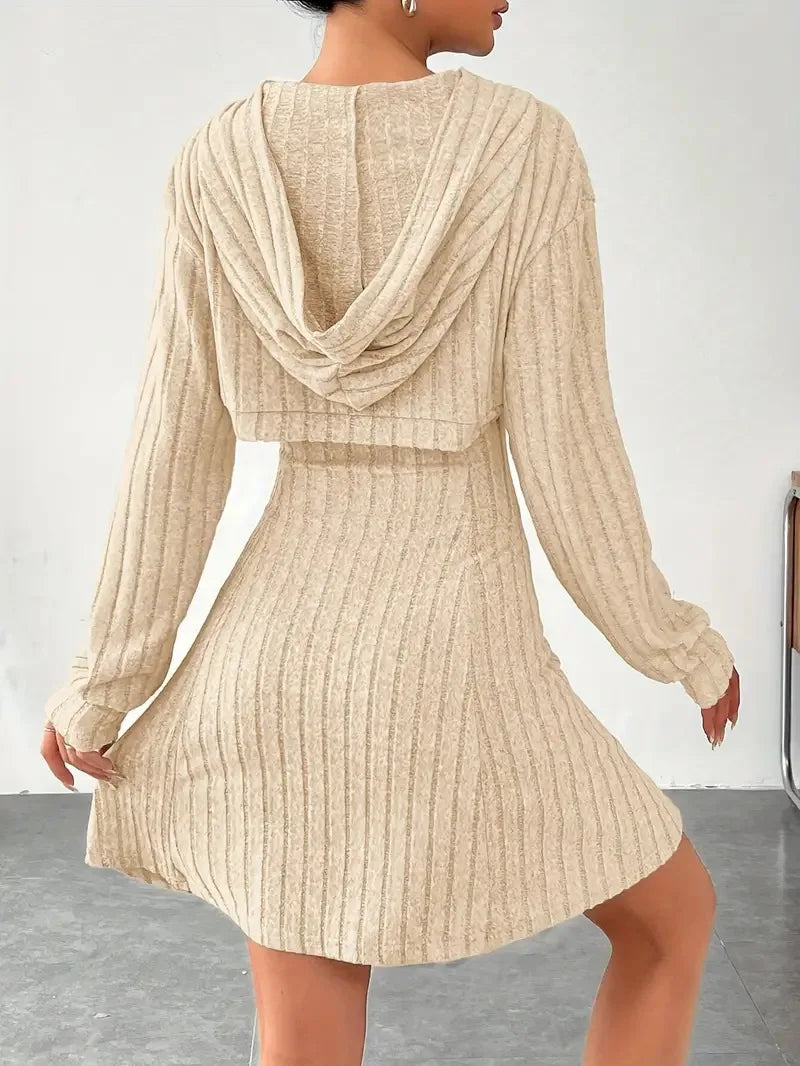 Women's Two-Piece Autumn Outfit – Long Sleeve Hooded Top & Sleeveless A-Line Dress