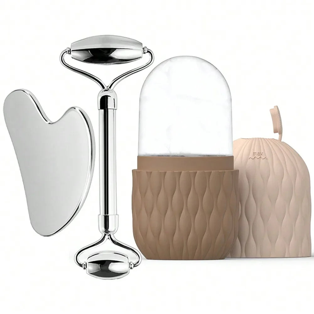 Ice Face Roller & Gua Sha Set – Stainless Steel Facial Massager for Lifting & Contouring