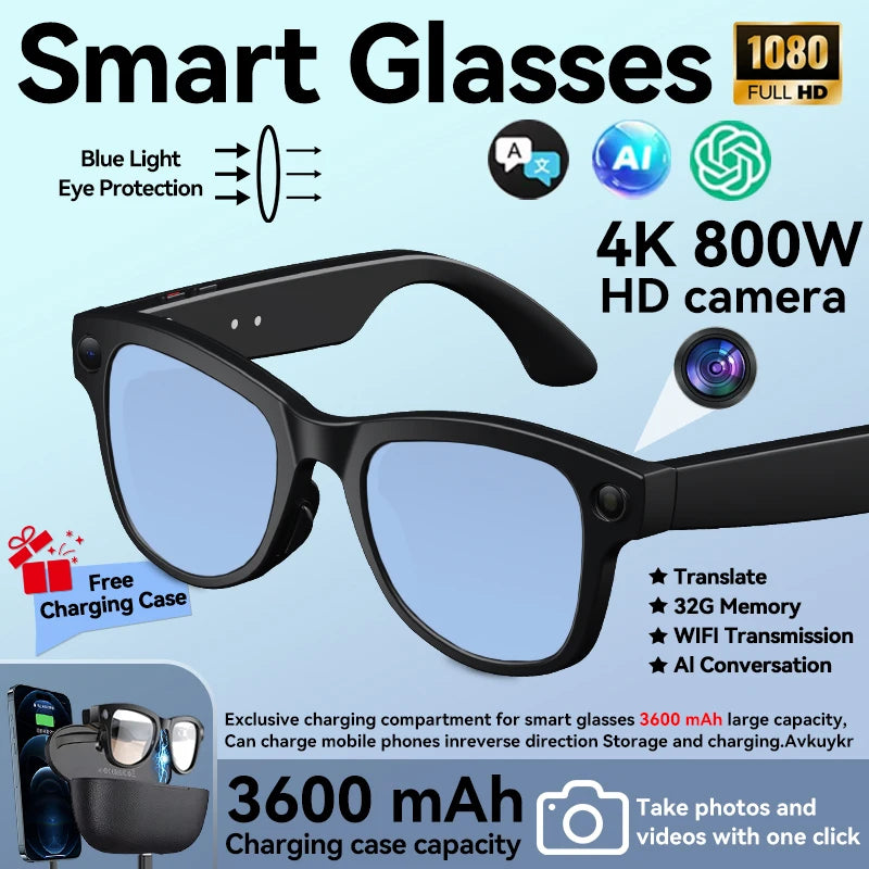 2026 New 800W 4K HD AI Smart Glasses Men Record Video 3600mAh Battery 120 Languages Translation Music Player Glasses With Camera
