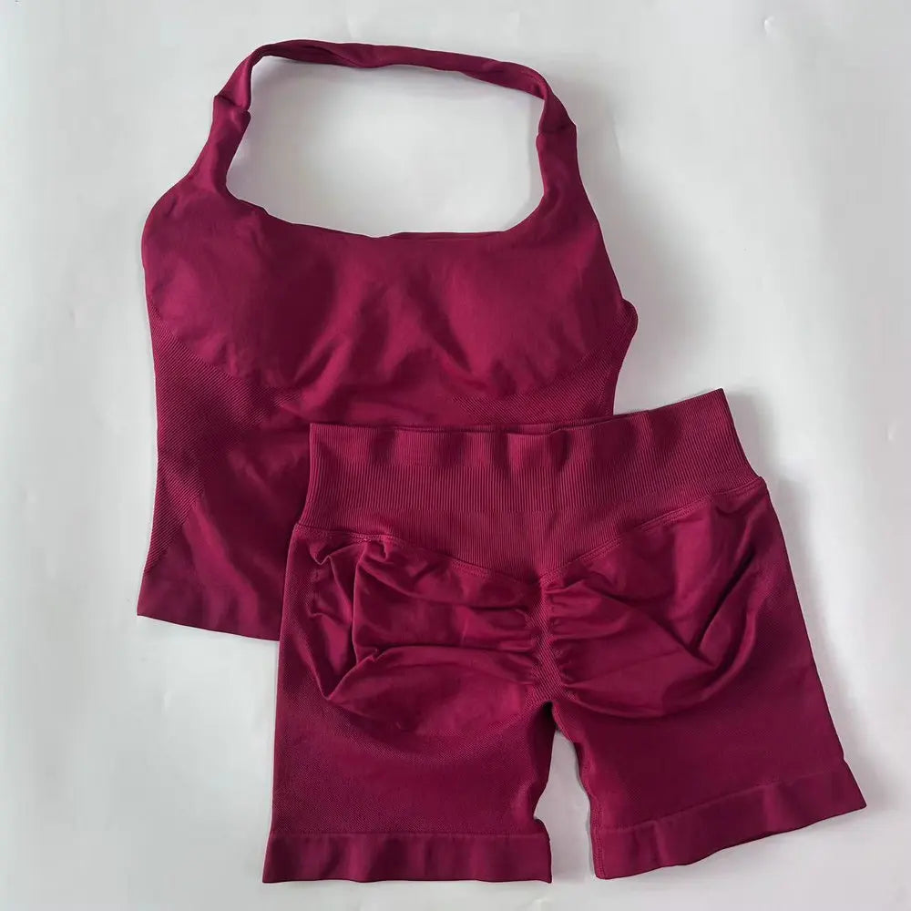 No Logo 2 Pieces Gym Set Women Backless Halter Tops High Waist Seamless Shorts Gym Suit Fitness Clothes Sportswear Workout Sets