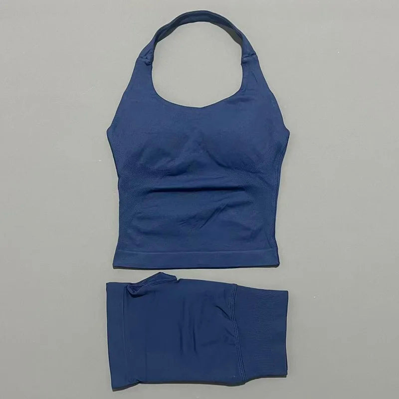 2 Pieces Impact Halter Top Strappy Bra Shorts Set Women Seamless Yoga Gym Leggings Set Running Fitness Sports Shorts Suit