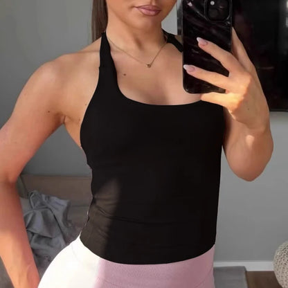 Women’s Strappy Gym Top – Padded Backless Yoga & Workout Tank