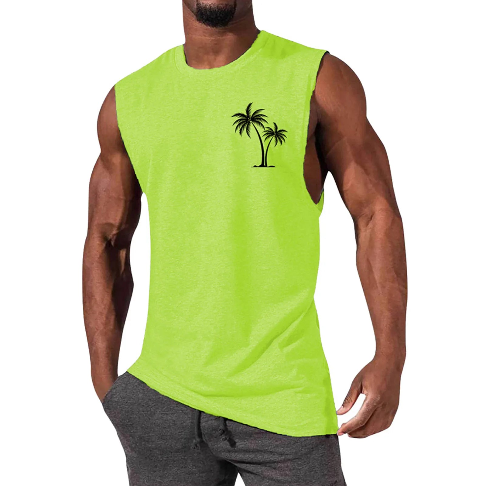 2025 Men'S Muscle Fitness Shirt Sports T-Shirt Gym Training Shirt Summer Casual Vest Tree Print Sleeveless Round Neck