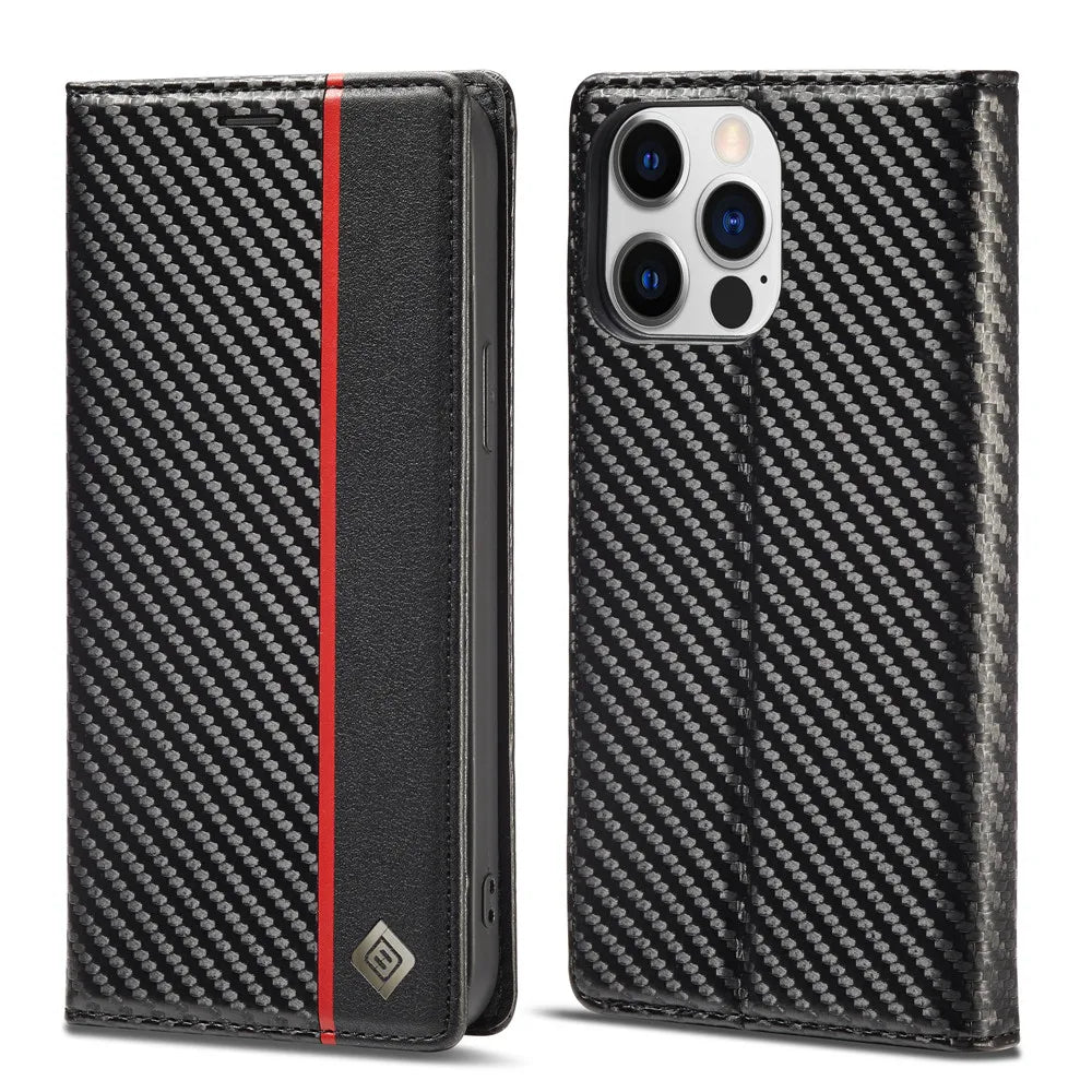 Carbon Fibre PU Leather Wallet Flip Case for iPhone with Card Slot & Magnetic Cover