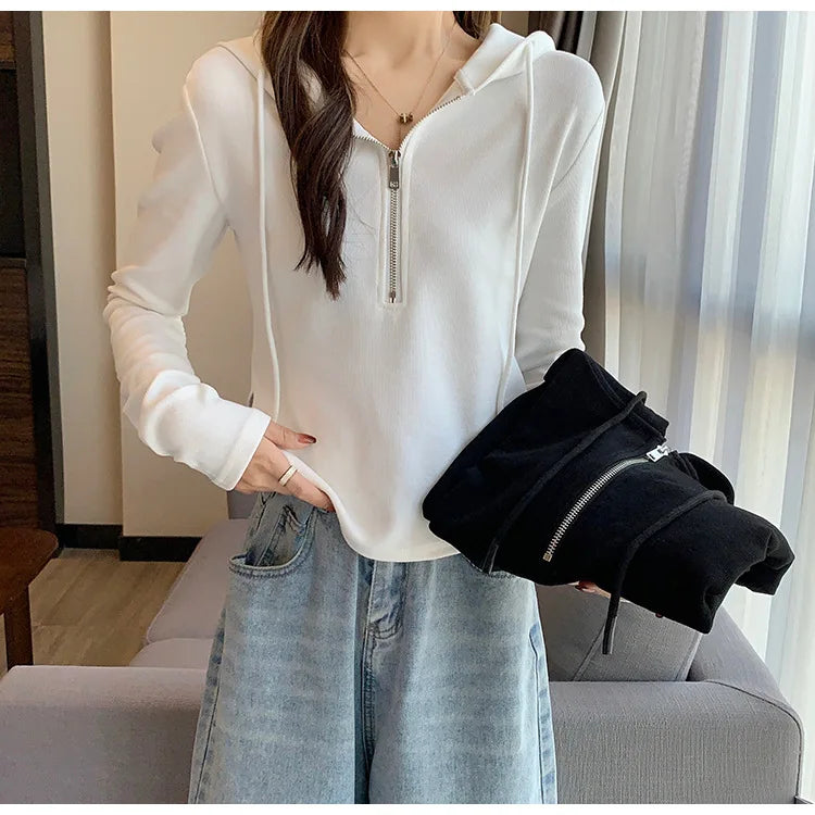 Sweatshirt Design Niche Spring Summer Short Zipper Top Slimming Thin Long-sleeved Hooded Fashion Women's Clothing